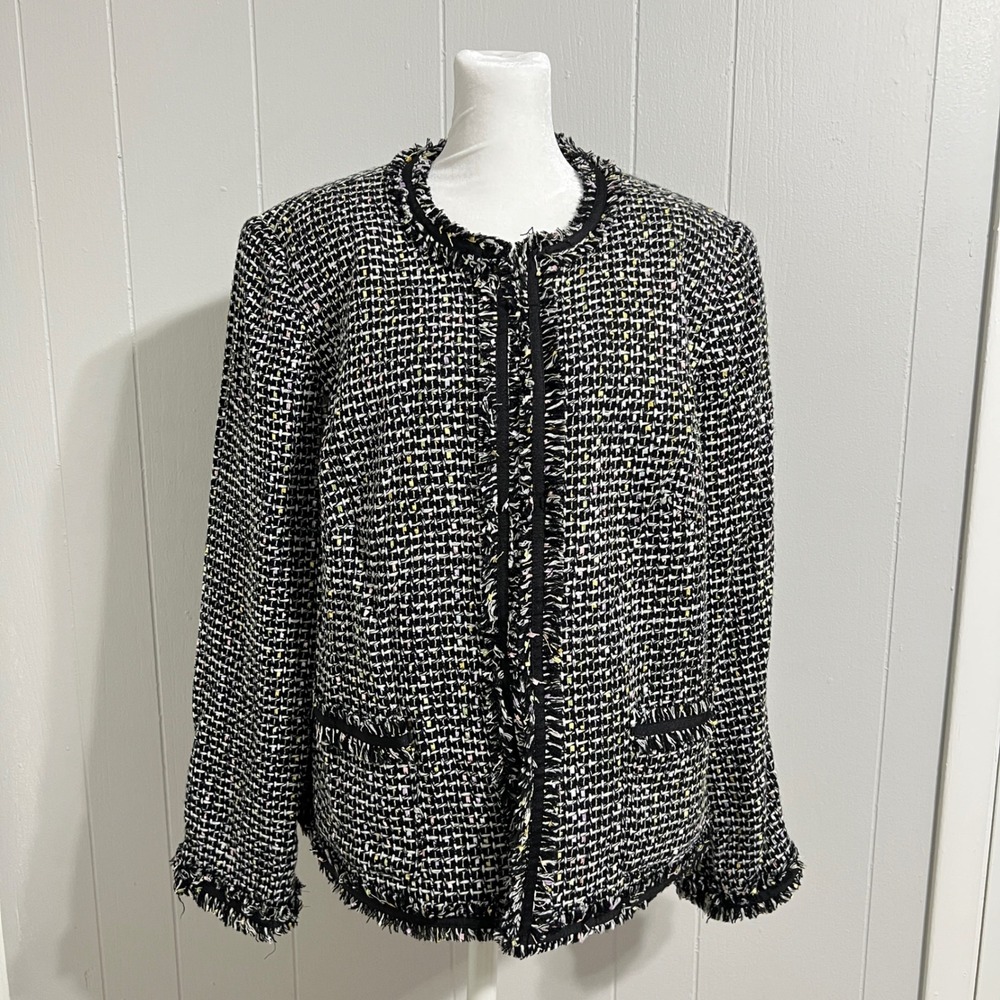 Vintage Judith Hart Tweed Blazer Jacket Size 16W Fringed Career Hook & Eye